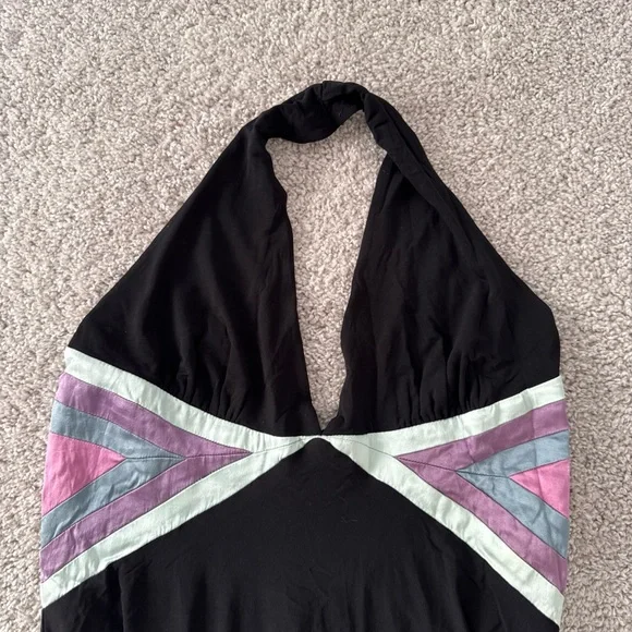 Vntg Bebe Halterneck Black Dress Satin Accents Size M Asymmetrical Babydoll Y2K - Picture 3 of 9